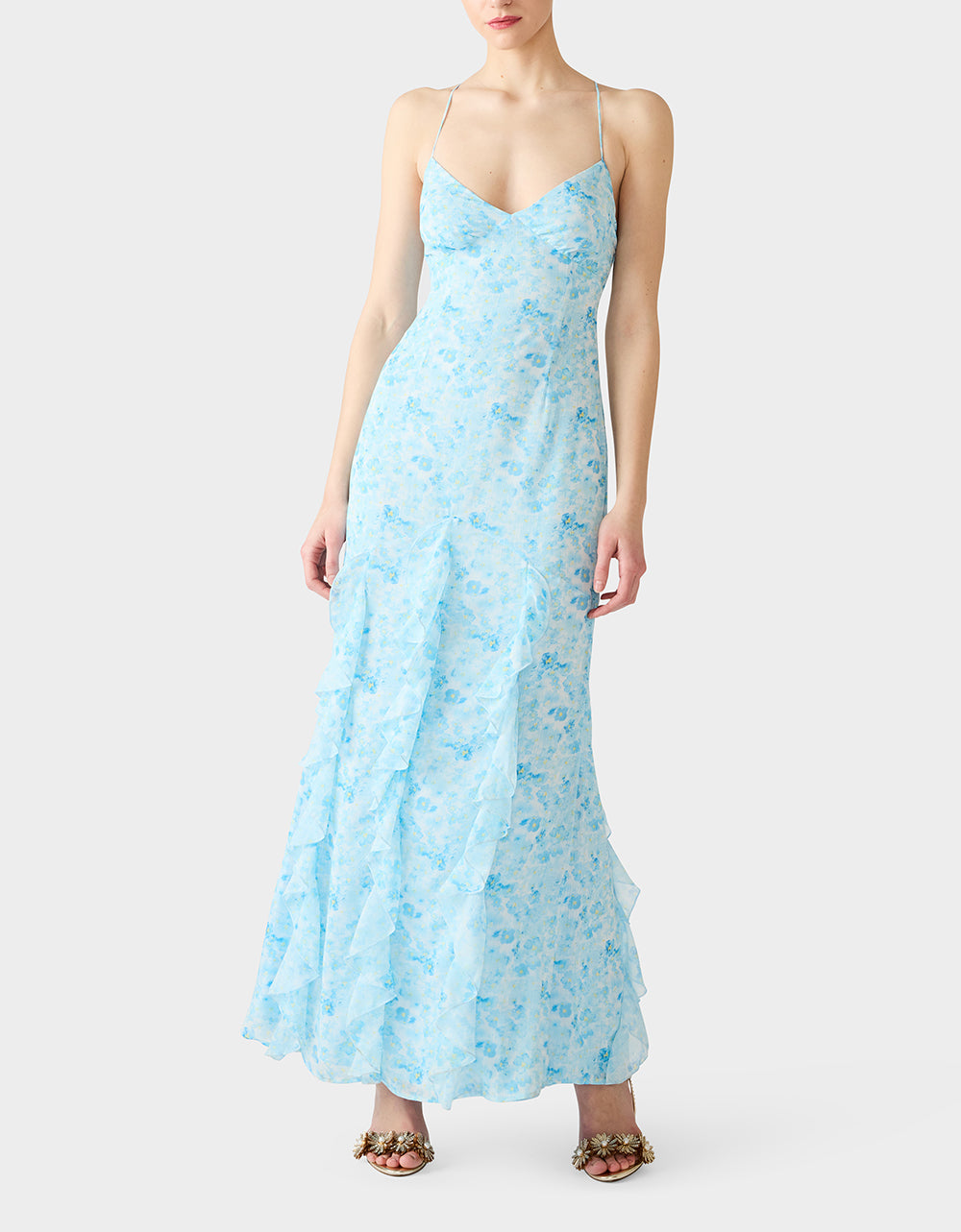 PETAL BREEZE MAXI DRESS BLUE Women's Blue Floral Print Ruffle Maxi