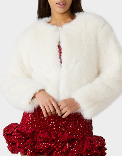CHAMPAGNE LUXE FAUX FUR JACKET CREAM - APPAREL - Betsey Johnson