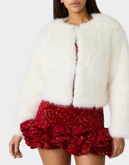 CHAMPAGNE LUXE FAUX FUR JACKET CREAM - APPAREL - Betsey Johnson