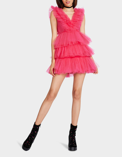 BETSEYS TIERED TULLE DRESS HOT PINK - APPAREL - Betsey Johnson