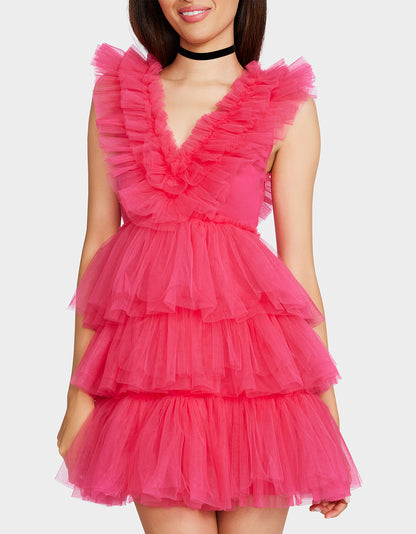 BETSEYS TIERED TULLE DRESS HOT PINK - APPAREL - Betsey Johnson