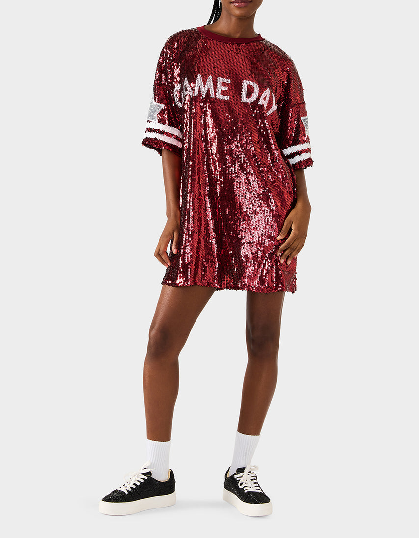 GAME DAY JERSEY SEQUIN DRESS RED