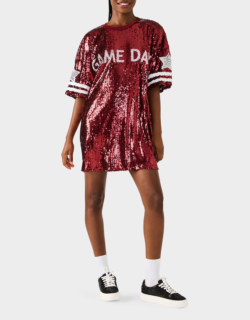 GAME DAY JERSEY SEQUIN DRESS RED