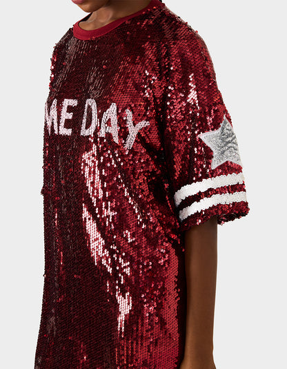 GAME DAY JERSEY SEQUIN DRESS RED