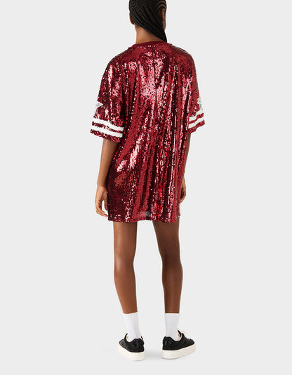 GAME DAY JERSEY SEQUIN DRESS RED