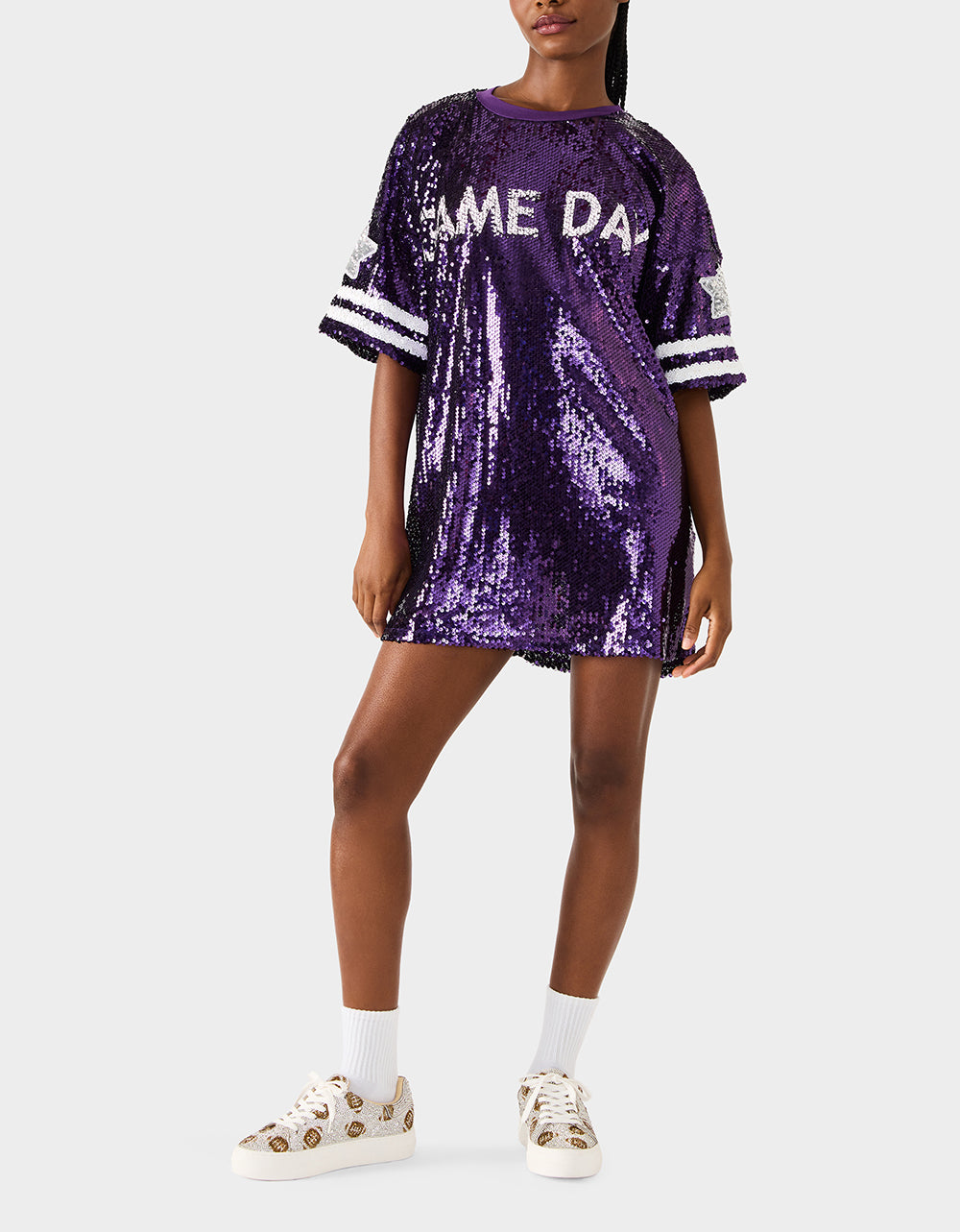 GAME DAY JERSEY SEQUIN DRESS PURPLE Women's Sequin Short-Sleeved Dress – Betsey Johnson