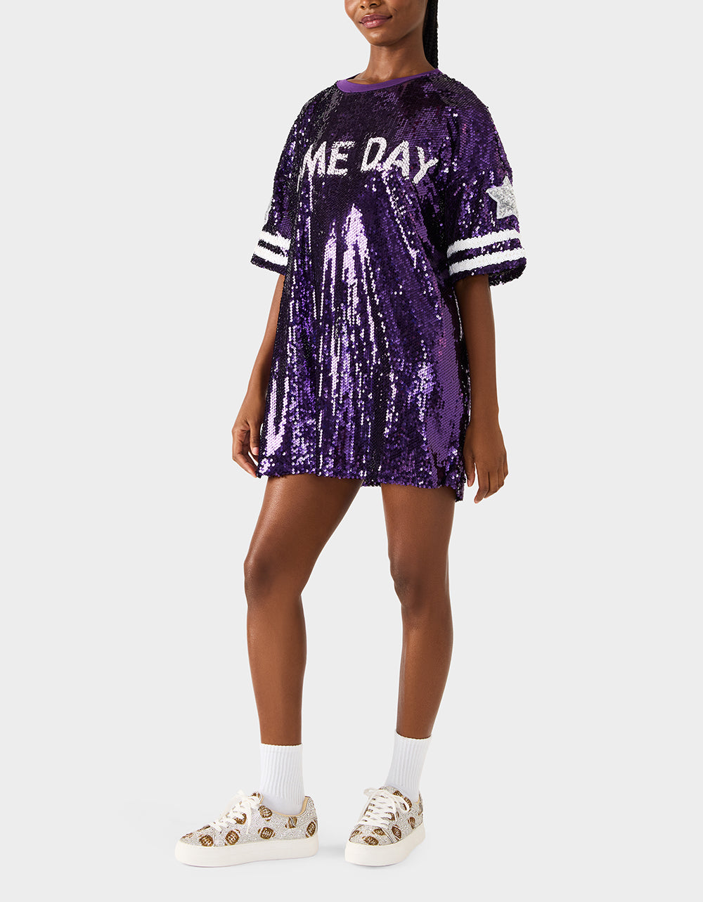 GAME DAY JERSEY SEQUIN DRESS PURPLE Women's Sequin Short-Sleeved Dress Betsey Johnson GAME DAY JERSEY SEQUIN DRESS PURPLE Women's Sequin Short-Sleeved Dress Betsey Johnson