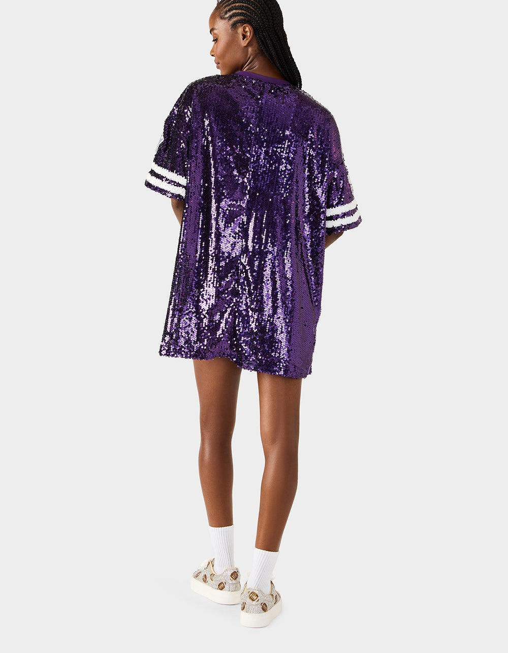 GAME DAY JERSEY SEQUIN DRESS PURPLE Women's Sequin Short-Sleeved Dress – Betsey Johnson GAME DAY JERSEY SEQUIN DRESS PURPLE Women's Sequin Short-Sleeved Dress – Betsey Johnson