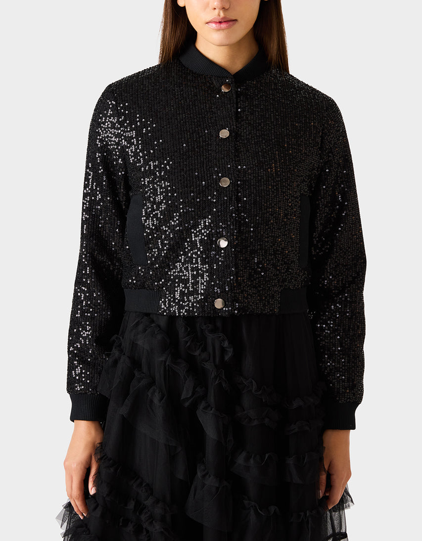 GLITTERATI BOMBER JACKET BLACK SEQUIN - APPAREL - Betsey Johnson