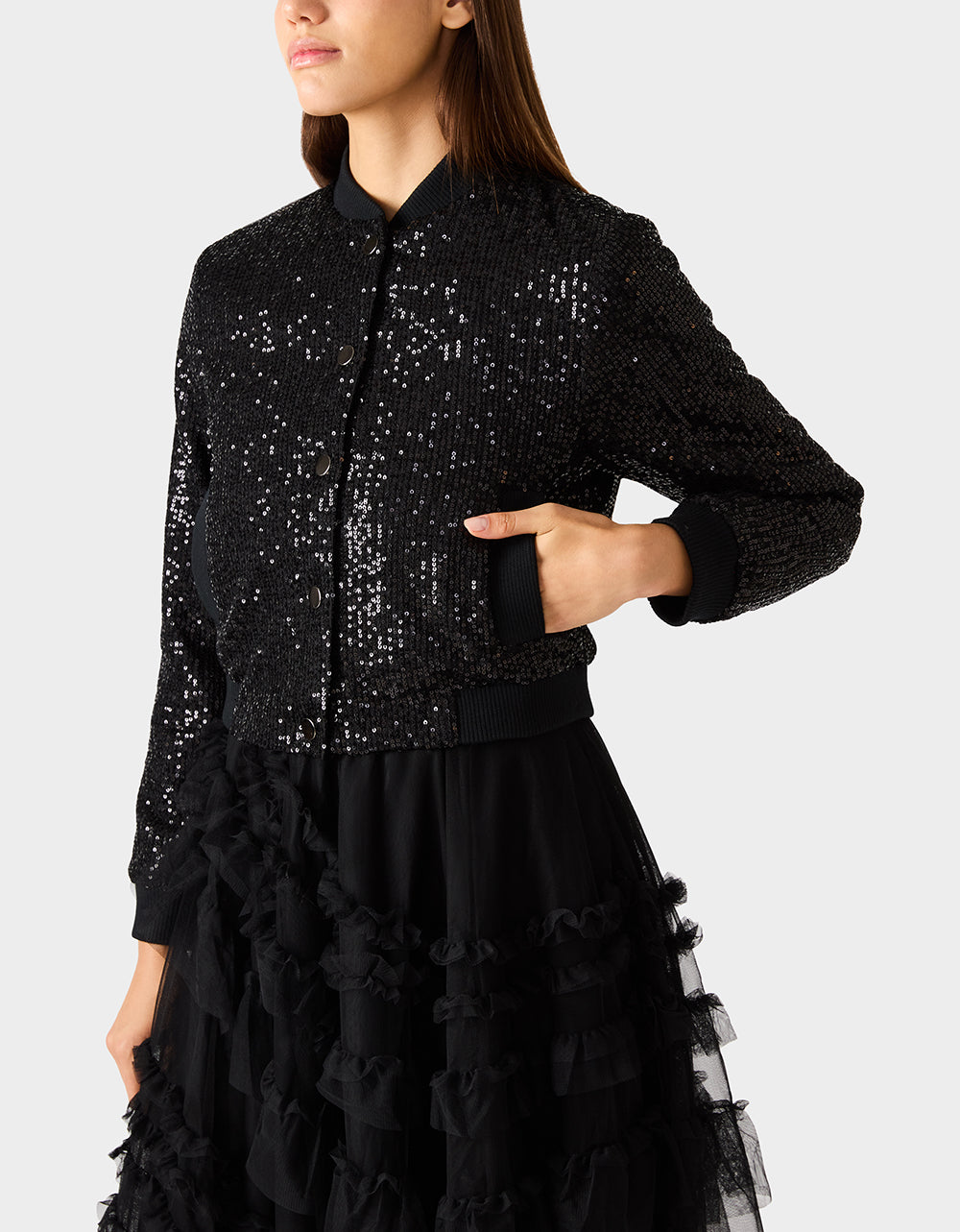 GLITTERATI BOMBER JACKET BLACK SEQUIN - APPAREL - Betsey Johnson