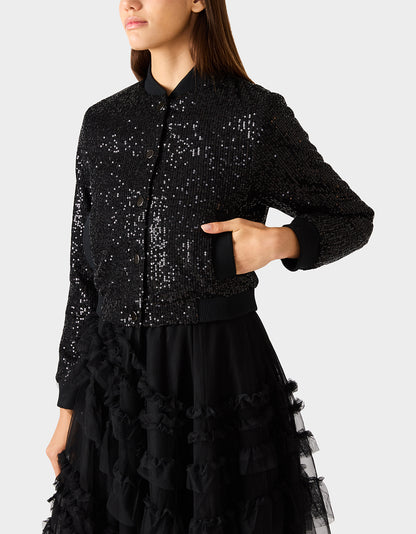 GLITTERATI BOMBER JACKET BLACK SEQUIN - APPAREL - Betsey Johnson