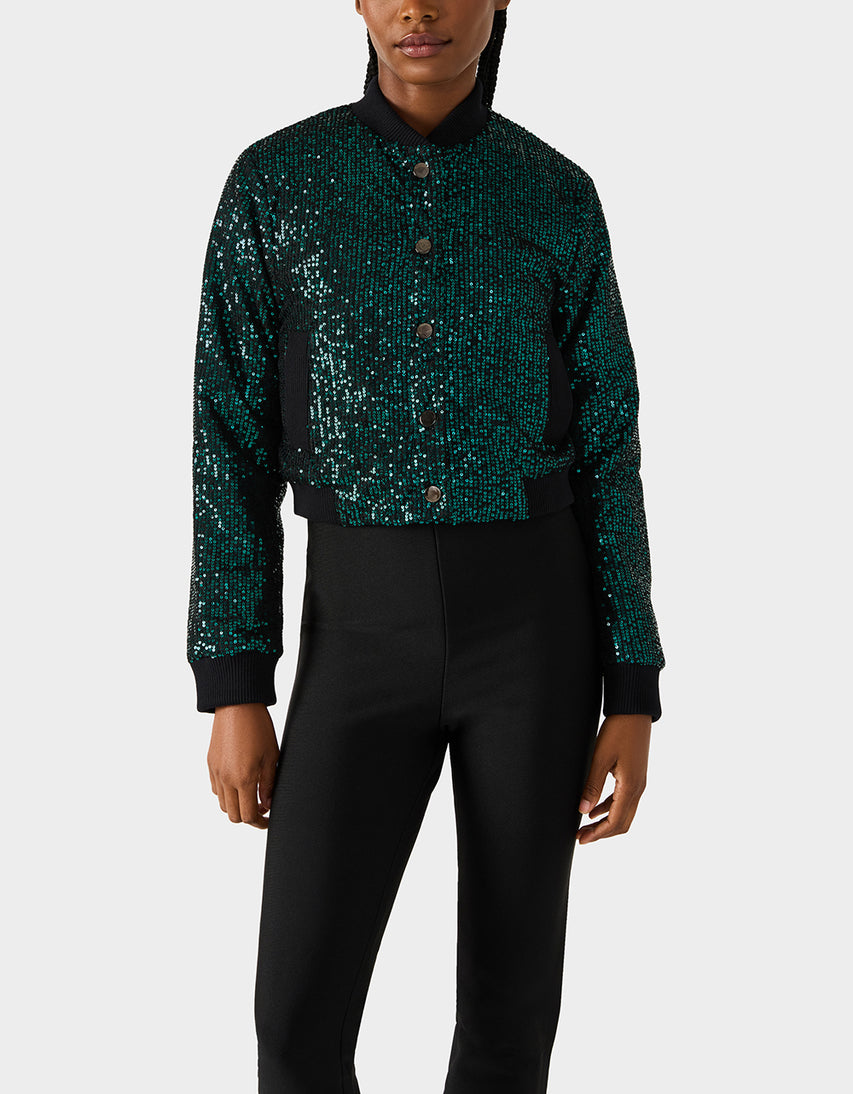GLITTERATI BOMBER JACKET EMERALD GREEN - APPAREL - Betsey Johnson