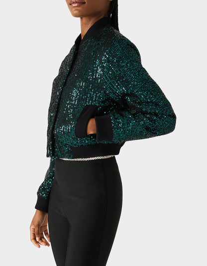 GLITTERATI BOMBER JACKET EMERALD GREEN - APPAREL - Betsey Johnson