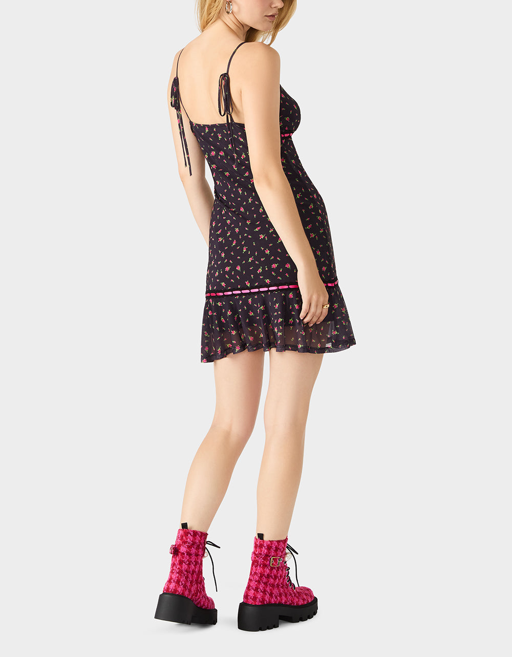 betsey johnson pink and black dress 1990s Betsey Johnson Pink Vintage Dress With Black Net Overlay & Lace