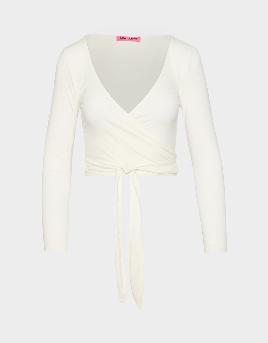 LONG SLEEVE V NECK WRAP TOP WHITE - APPAREL - Betsey Johnson