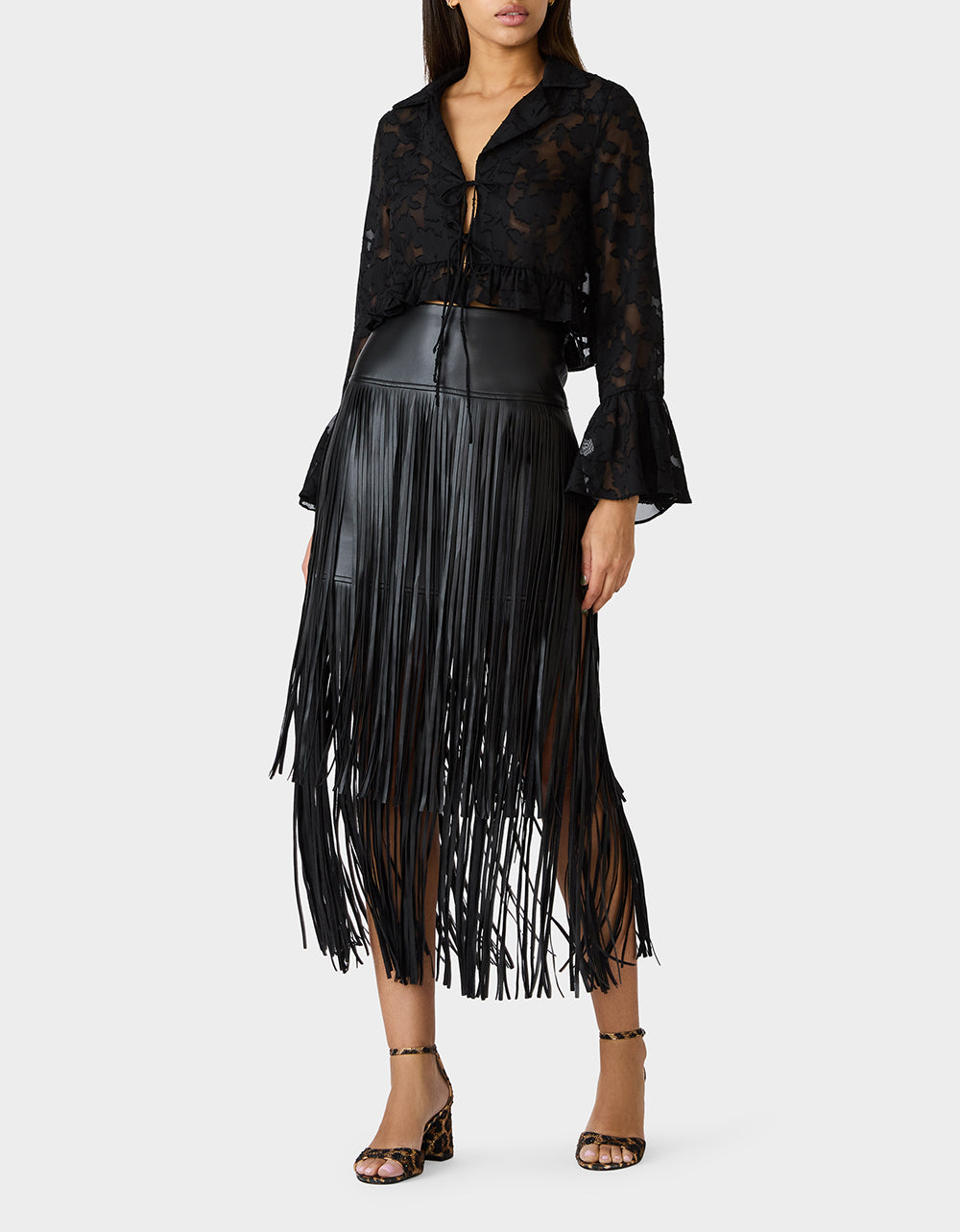 OPHELIA NOIR BLOUSE BLACK Women's Tie Front Long Sleeve Mesh Crop