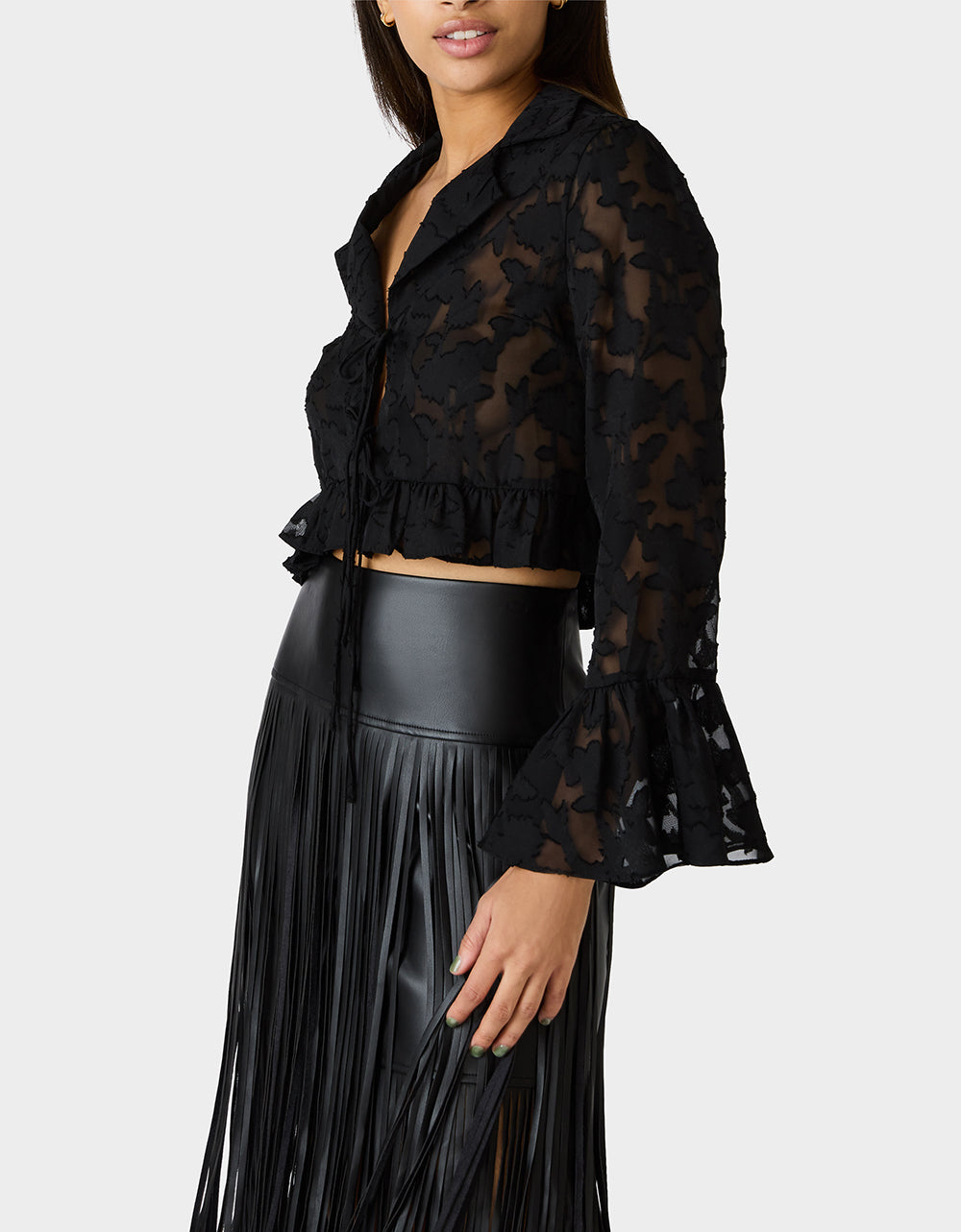 OPHELIA NOIR BLOUSE BLACK Women's Tie Front Long Sleeve Mesh Crop