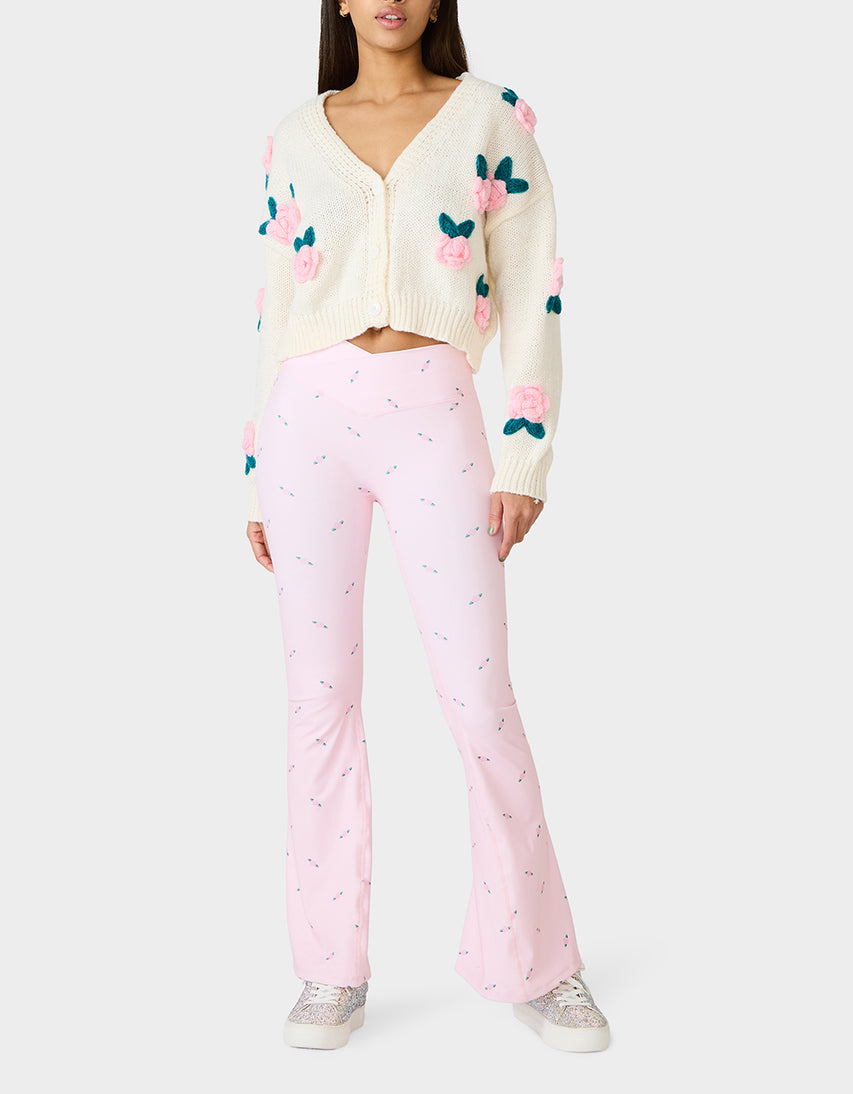 ROSE PRINT CROSSOVER LEGGINGS PINK ROSE - APPAREL - Betsey Johnson