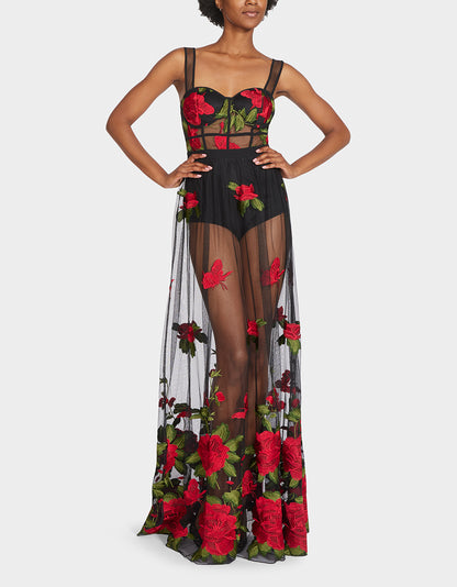 ROSIE SHEER MAXI DRESS BLACK RED - APPAREL - Betsey Johnson