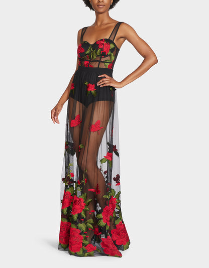 ROSIE SHEER MAXI DRESS BLACK RED - APPAREL - Betsey Johnson