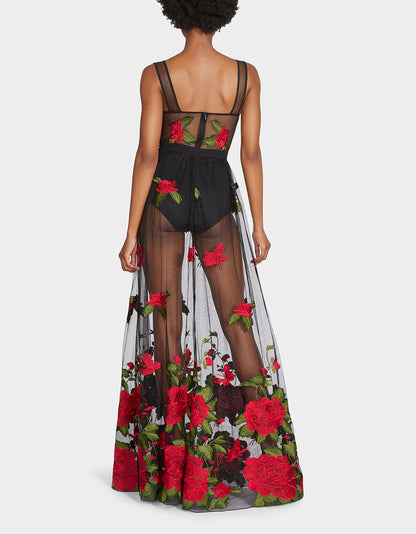 ROSIE SHEER MAXI DRESS BLACK RED - APPAREL - Betsey Johnson