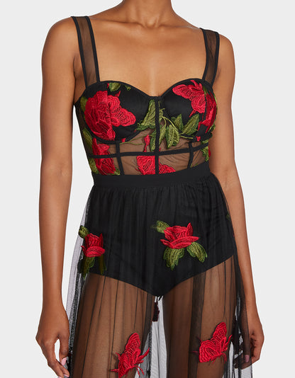 ROSIE SHEER MAXI DRESS BLACK RED - APPAREL - Betsey Johnson