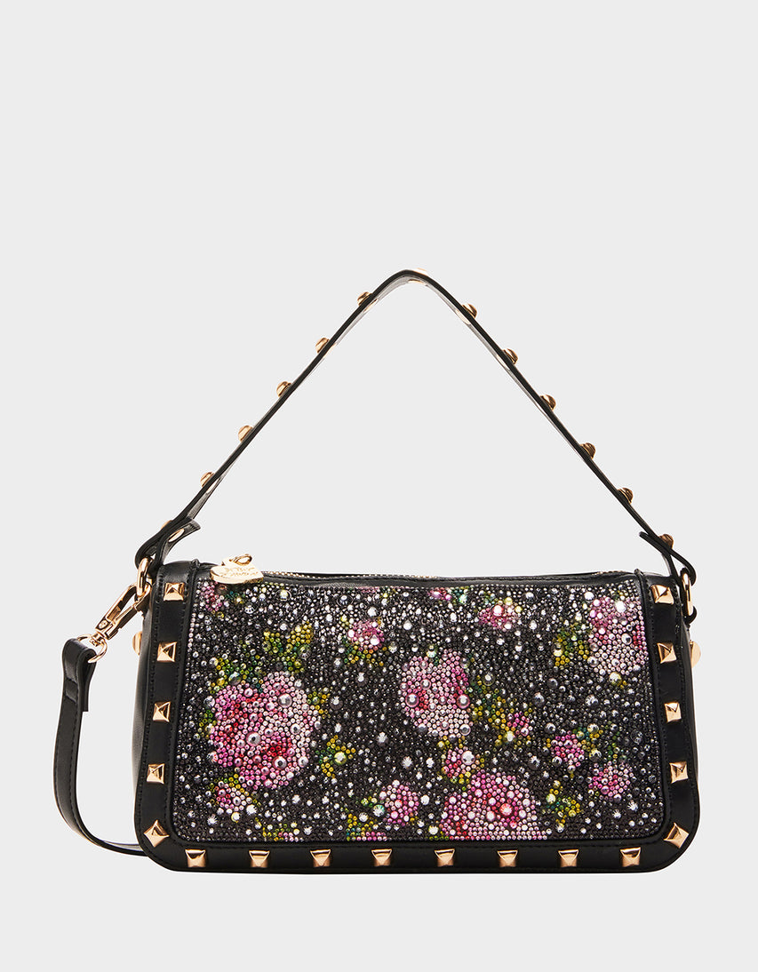 RHINESTONE TOP ZIP BLACK FLORAL - HANDBAGS - Betsey Johnson