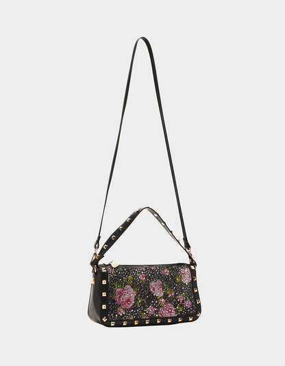 RHINESTONE TOP ZIP BLACK FLORAL - HANDBAGS - Betsey Johnson