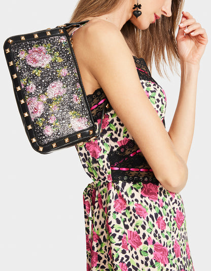 RHINESTONE TOP ZIP BLACK FLORAL - HANDBAGS - Betsey Johnson