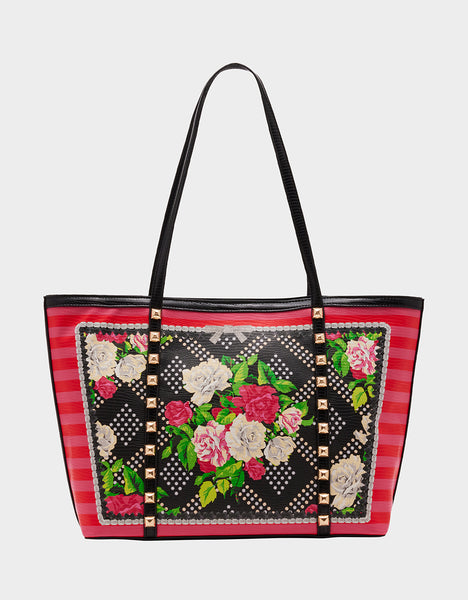 FLORAL STUD TOTE RED FLORAL - HANDBAGS - Betsey Johnson