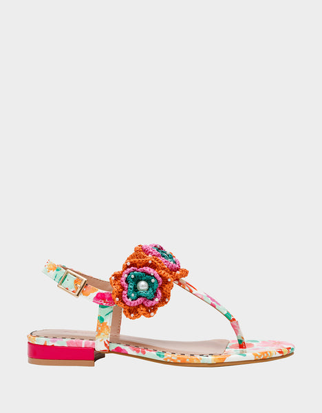 CINDII WHITE MULTI T-Strap Flat Thong Sandal | Women's