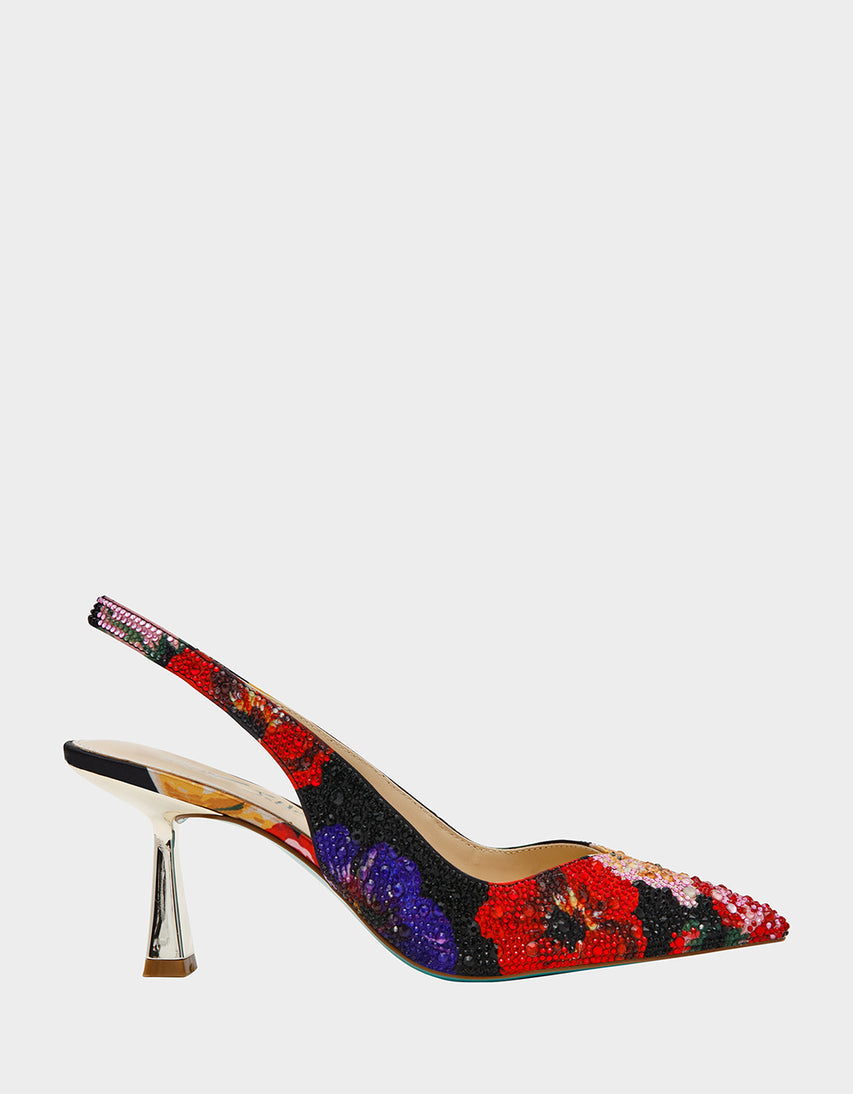 CLARK HEELS BLACK FLOWER MULTI - SHOES - Betsey Johnson