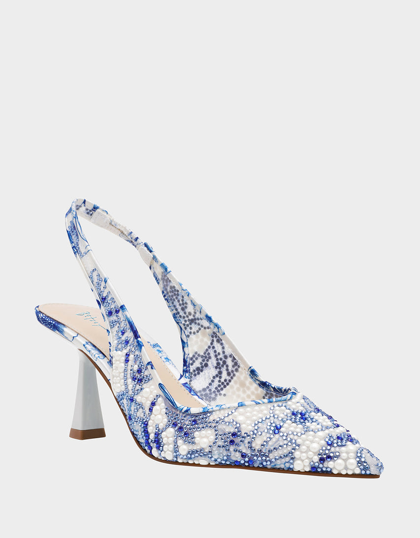 CLARK HEELS WHITE/BLUE FLORAL - SHOES - Betsey Johnson