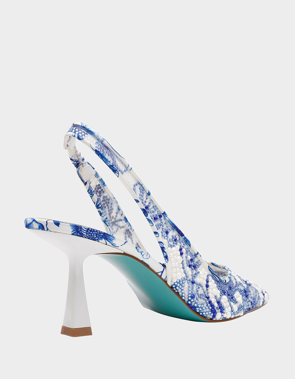CLARK HEELS WHITE/BLUE FLORAL Women's Sling-Back Mesh Rhinestone
