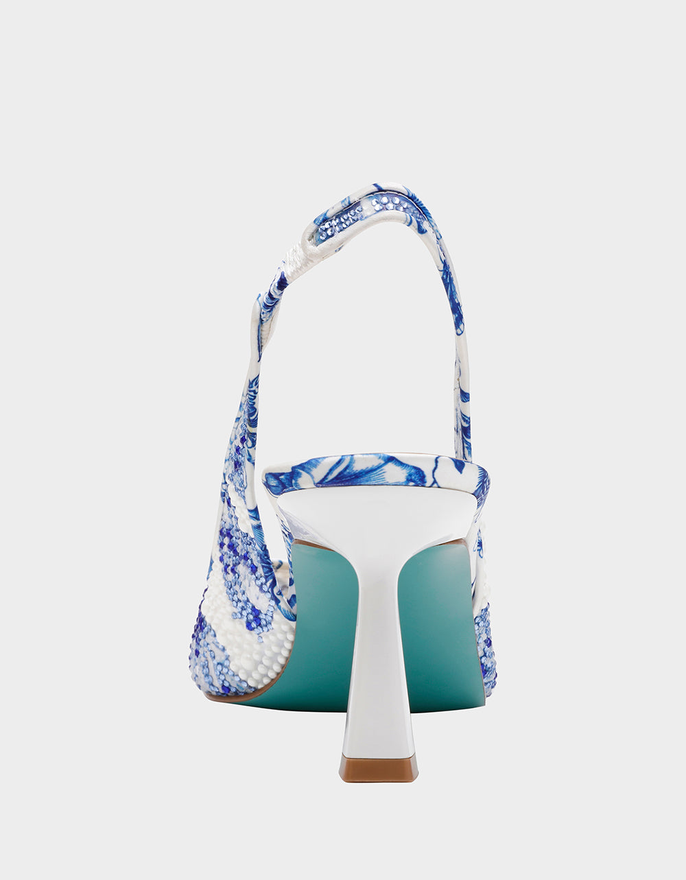 CLARK HEELS WHITE/BLUE FLORAL Women's Sling-Back Mesh Rhinestone Heel Betsey Johnson CLARK HEELS WHITE/BLUE FLORAL Women's Sling-Back Mesh Rhinestone Heel Betsey Johnson