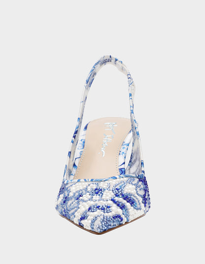 CLARK HEELS WHITE/BLUE FLORAL - SHOES - Betsey Johnson