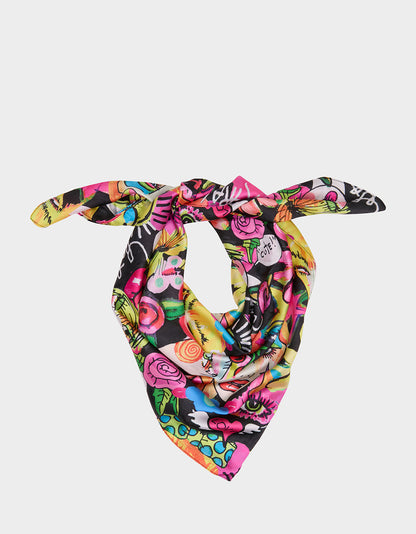 BETSEY'S ART SATINE SQUARE SCARF 35x35 BLACK MULTI - ACCESSORIES - Betsey Johnson