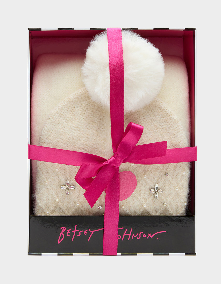 POM BEANIE & FRINGE SCARF BOX IVORY