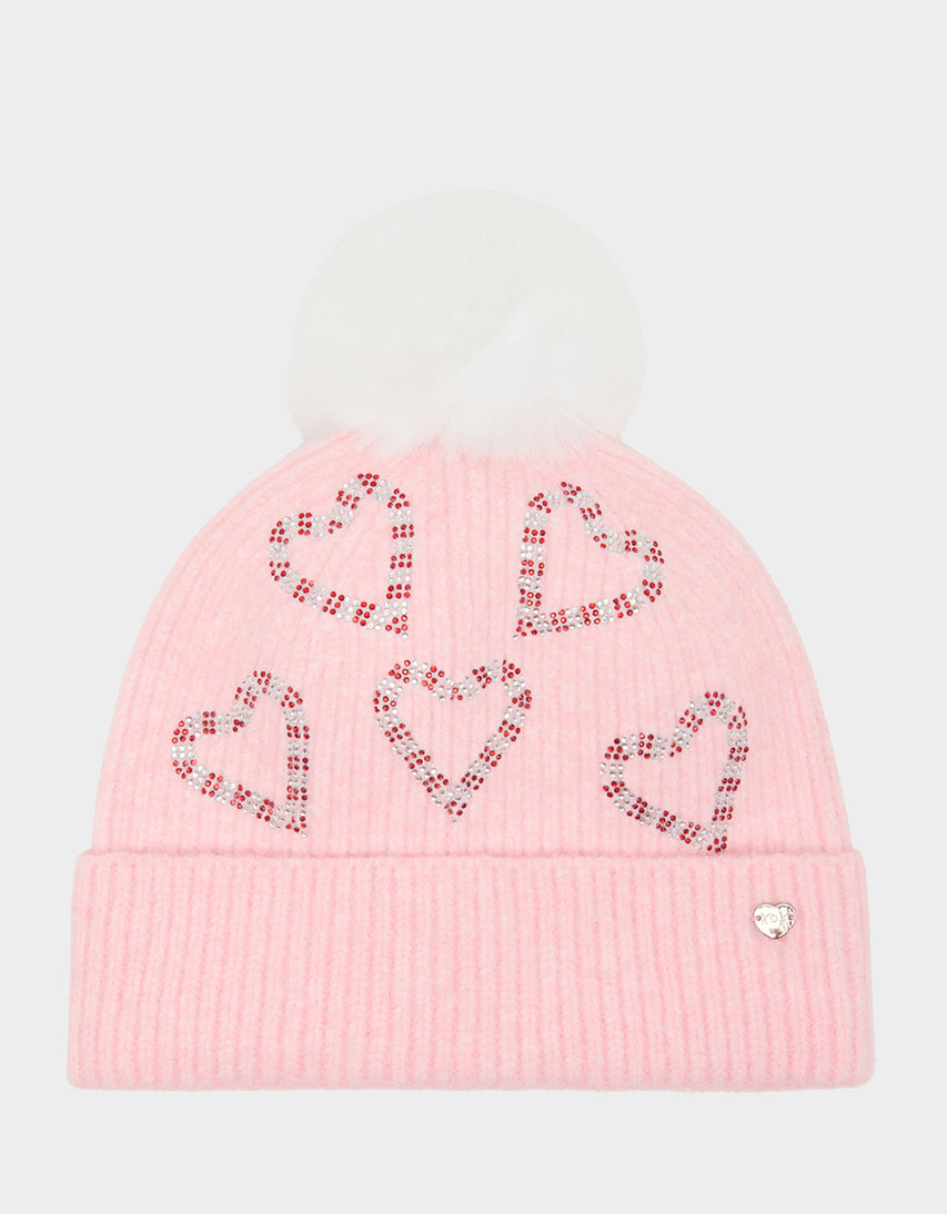 BEANIE WITH CANDY CANE HEARTS PINK - ACCESSORIES - Betsey Johnson