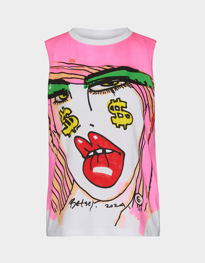 BETSEY FACE TANK GRAPHIC PINK - APPAREL - Betsey Johnson