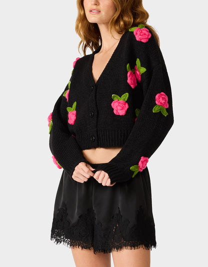 ROSETTE CARDIGAN BLACK PINK - APPAREL - Betsey Johnson