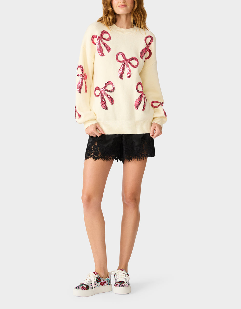 SEQUIN BOW SWEATER CREAM - APPAREL - Betsey Johnson