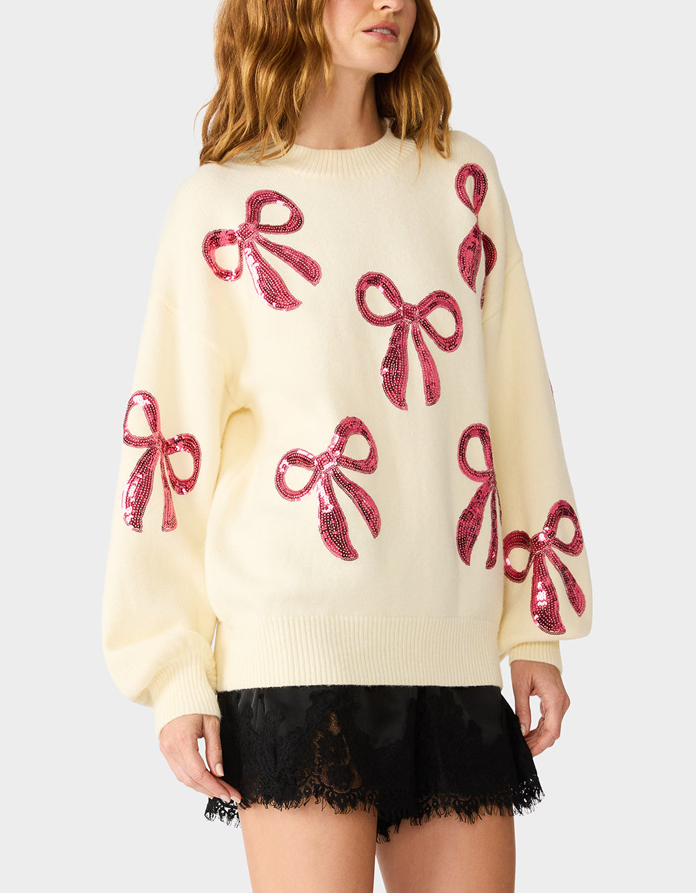 SEQUIN BOW SWEATER CREAM - APPAREL - Betsey Johnson - view 3