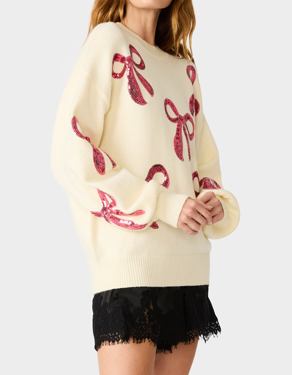 SEQUIN BOW SWEATER CREAM - APPAREL - Betsey Johnson - view 5