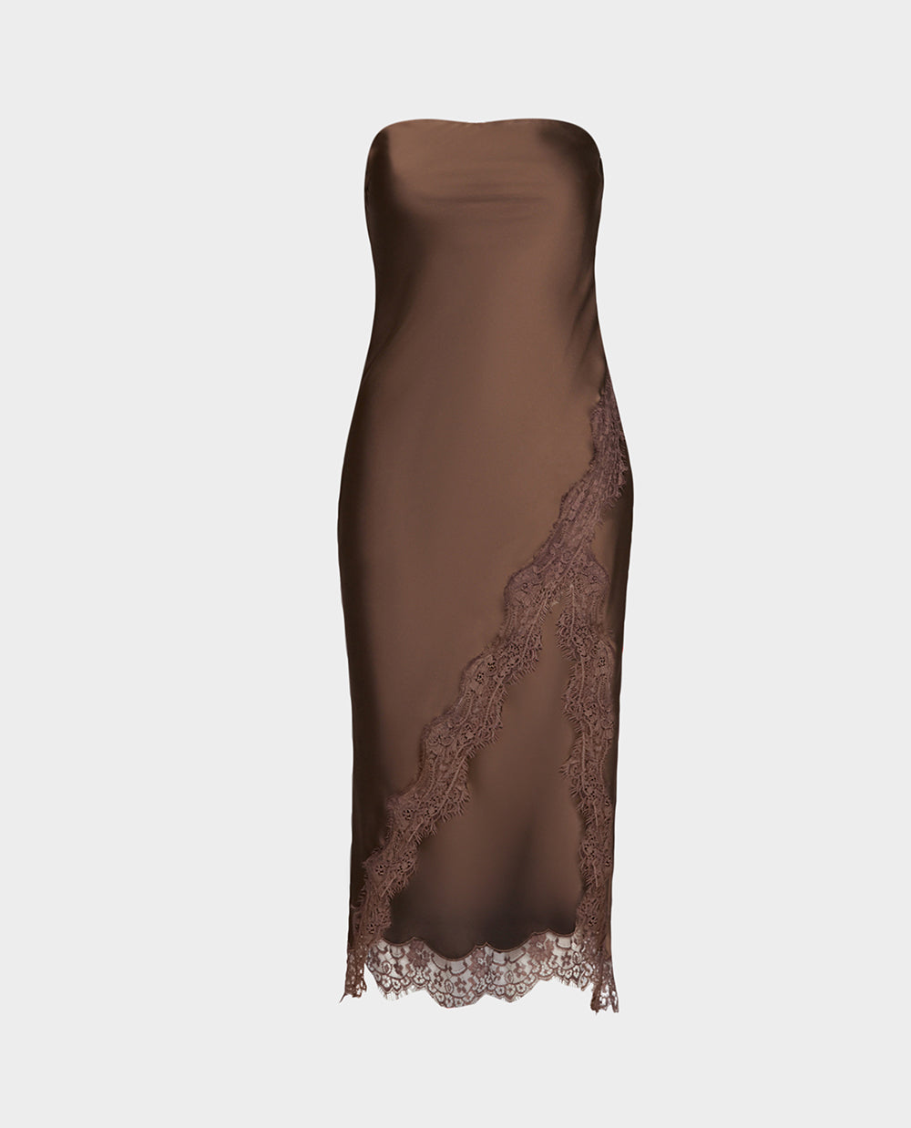 LACE AFFAIR Brown Strapless Lace Asymmetrical Midi Women's Dress Betsey Johnson LACE AFFAIR Brown Strapless Lace Asymmetrical Midi Women's Dress Betsey Johnson
