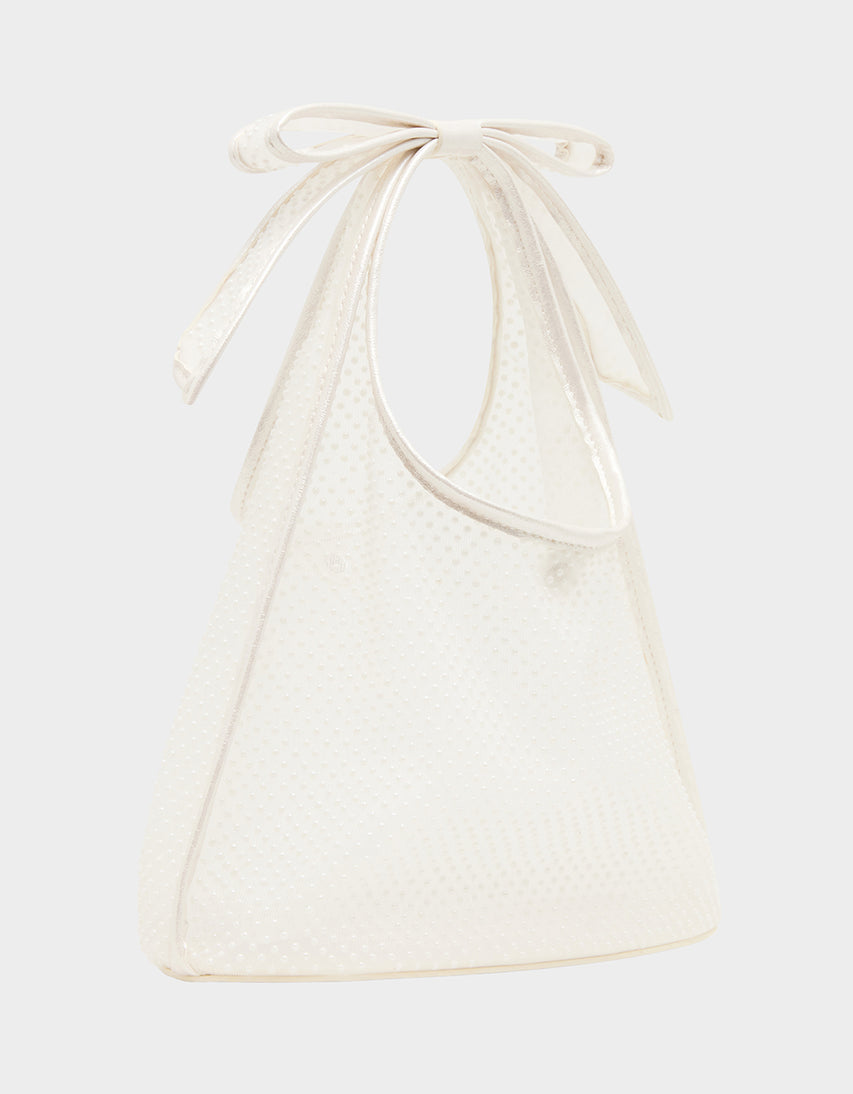 BOW MINI MESH TOTE PEARL - HANDBAGS - Betsey Johnson