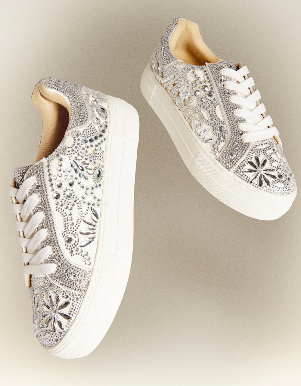 REILY WHITE Platform Low-Top Lace-Up Rhinestone Women's Sneaker