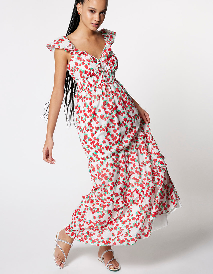 STRAWBERRY PRINT MAXI DRESS WHITE - APPAREL - Betsey Johnson