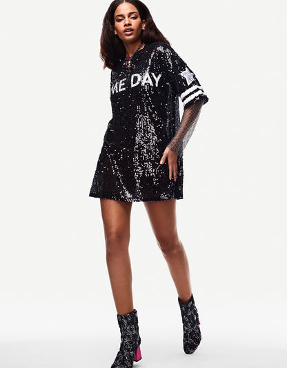 GAME DAY JERSEY SEQUIN DRESS BLACK - APPAREL - Betsey Johnson