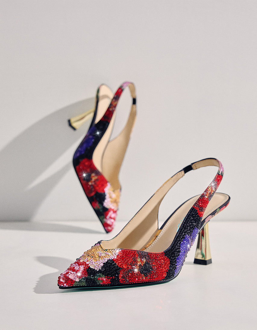 CLARK HEELS BLACK FLOWER MULTI - SHOES - Betsey Johnson